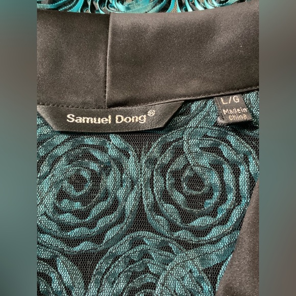 Samuel Dong Teal and Black Swirl Button Full Zip Up Blazer, Black Collar & Cuffs - Picture 3 of 4